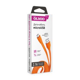 Кабель OLMIO USB 2.0 - microUSB, 1м, 2.1A, оранжевый, плоский
