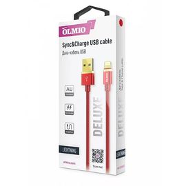 Кабель OLMIO DELUXE, USB 2.0 - lightning, 1м, 2.1A, красный