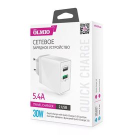 Зарядное устройство сетевое OLMIO 2USB, QC3.0+Smart IC, 30W