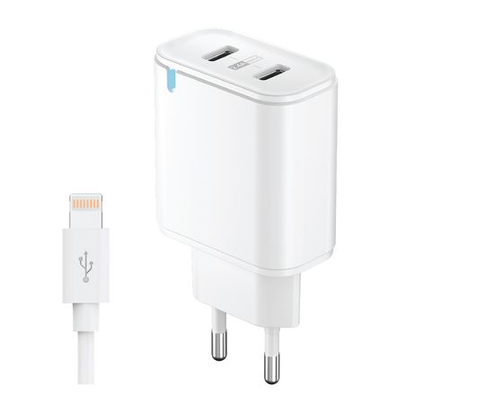Зарядное устройство сетевое Olmio USBx2, 2.4А, Smart IC + 8-pin кабель в комплекте, белый