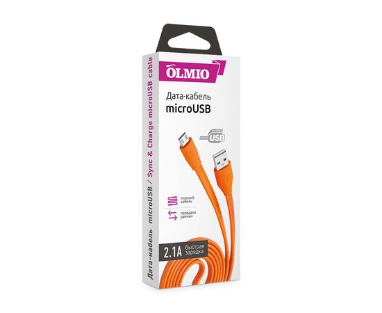 Кабель OLMIO USB 2.0 - microUSB, 1м, 2.1A, оранжевый, плоский