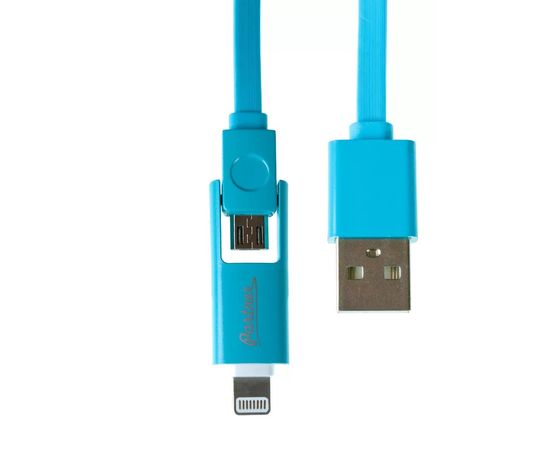 Кабель Olmio USB 2.0 - microUSB/Apple 8pin, 2-в-1, 1м, 2.1A, голубой, плоский