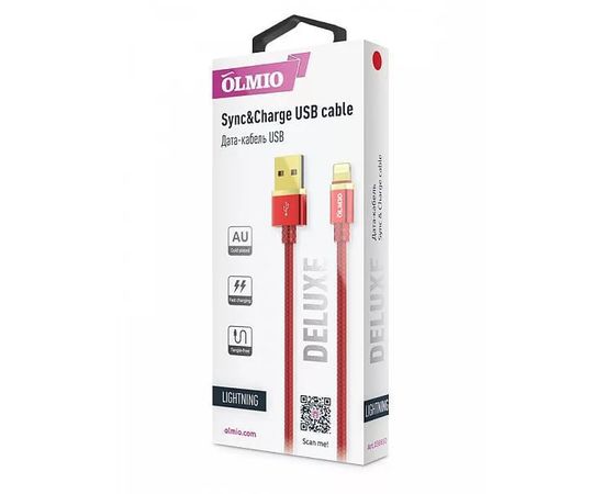 Кабель OLMIO DELUXE, USB 2.0 - microUSB, 1м, 2.1A, красный