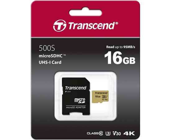 Карта памяти MicroSD 16GB Class 10 U3 Transcend TS16GUSD500S