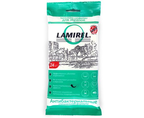 Антибактериальные чистящие салфетки Lamirel для экранов всех типов, 24 шт, еврослот, мягкая упаковка