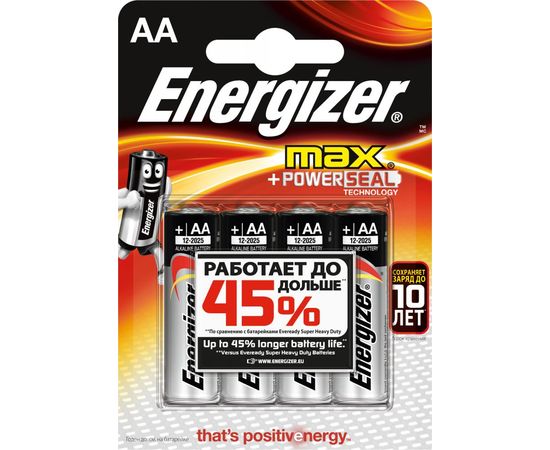 Элемент питания LR6 AA Energizer MAX  Alkaline 4 штуки в блистере