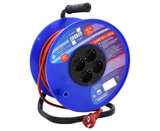 Силовой удлинитель на катушке Power Cube PC-BG4-K-30, 16 А/3,5 кВт,30 м, 4 розетки с/з, красно-синий