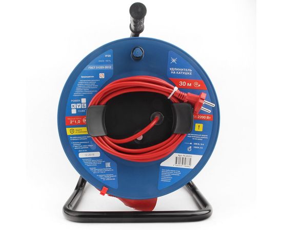Силовой удлинитель на катушке Power Cube PC-B1-K-30, 10 А/2,2 кВт, 30 м, 1 розетка б/з, красно-синий