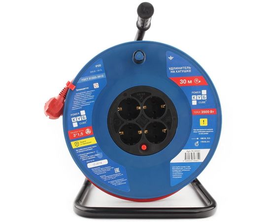 Силовой удлинитель на катушке Power Cube PC20501, 16 А/3,5 кВт,30 м, 4 розетки с/з, красно-синий