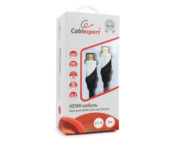 Кабель HDMI Cablexpert, серия Silver, длина 3 м, v1.4, M/M, позол.разъемы, коробка