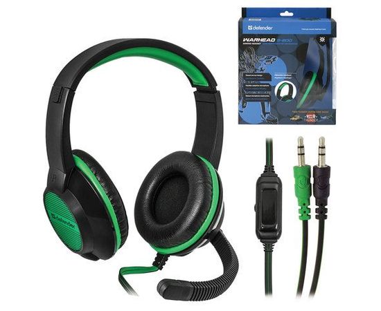 Наушники-гарнитура игровые Defender Warhead G-300 зеленый, кабель 2,5 м