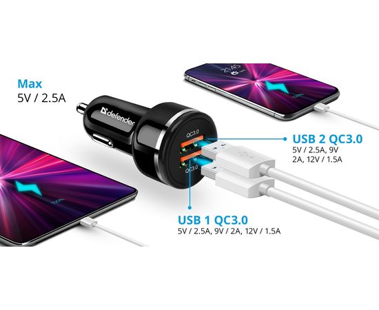 Зарядное устройство автомобильное Defender UCA-80 2xUSB QC3.0 черный